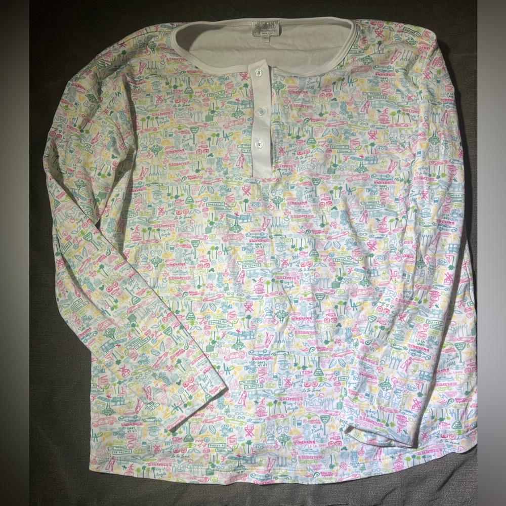 Women’s Long Sleeve Henley Pajama Top in Pink & Green Print